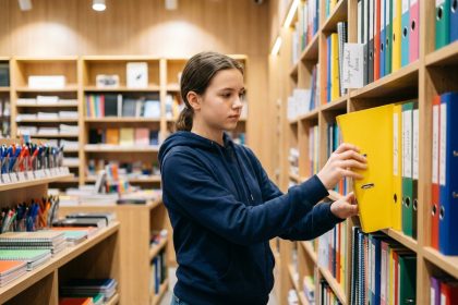 Adolescente choisissant un classeur scolaire coloré dans un magasin de fournitures scolaires