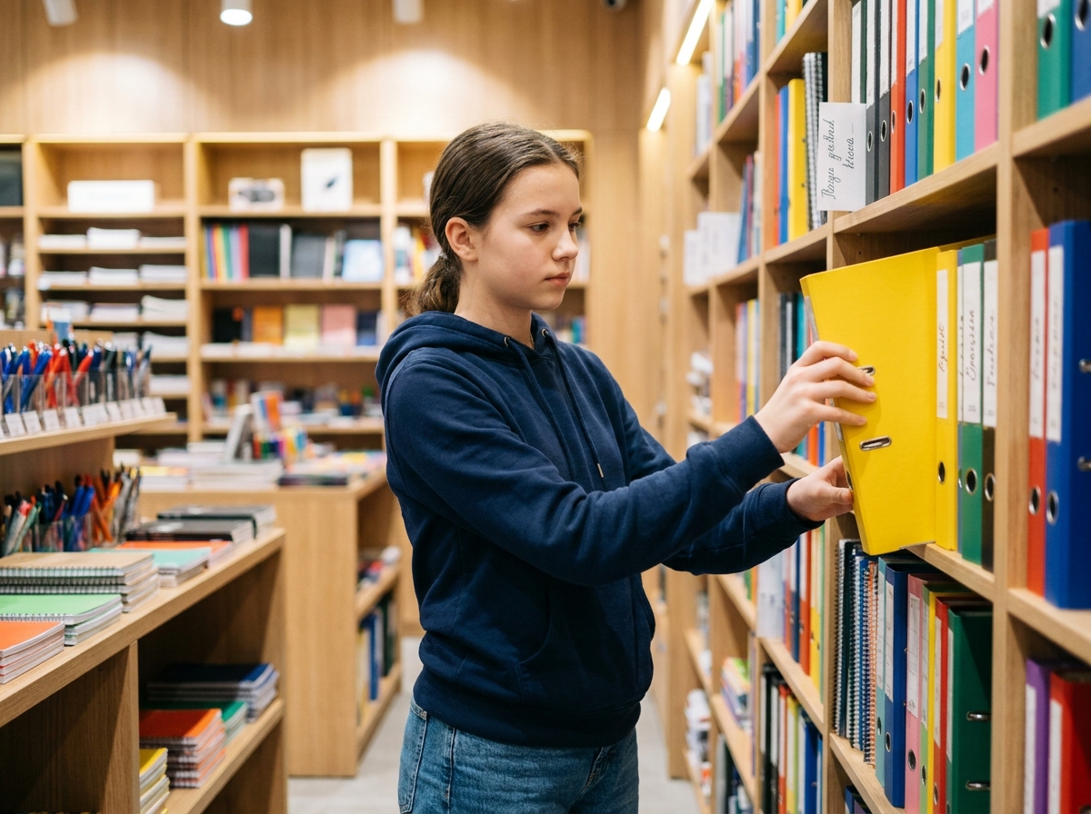 Adolescente choisissant un classeur scolaire coloré dans un magasin de fournitures scolaires