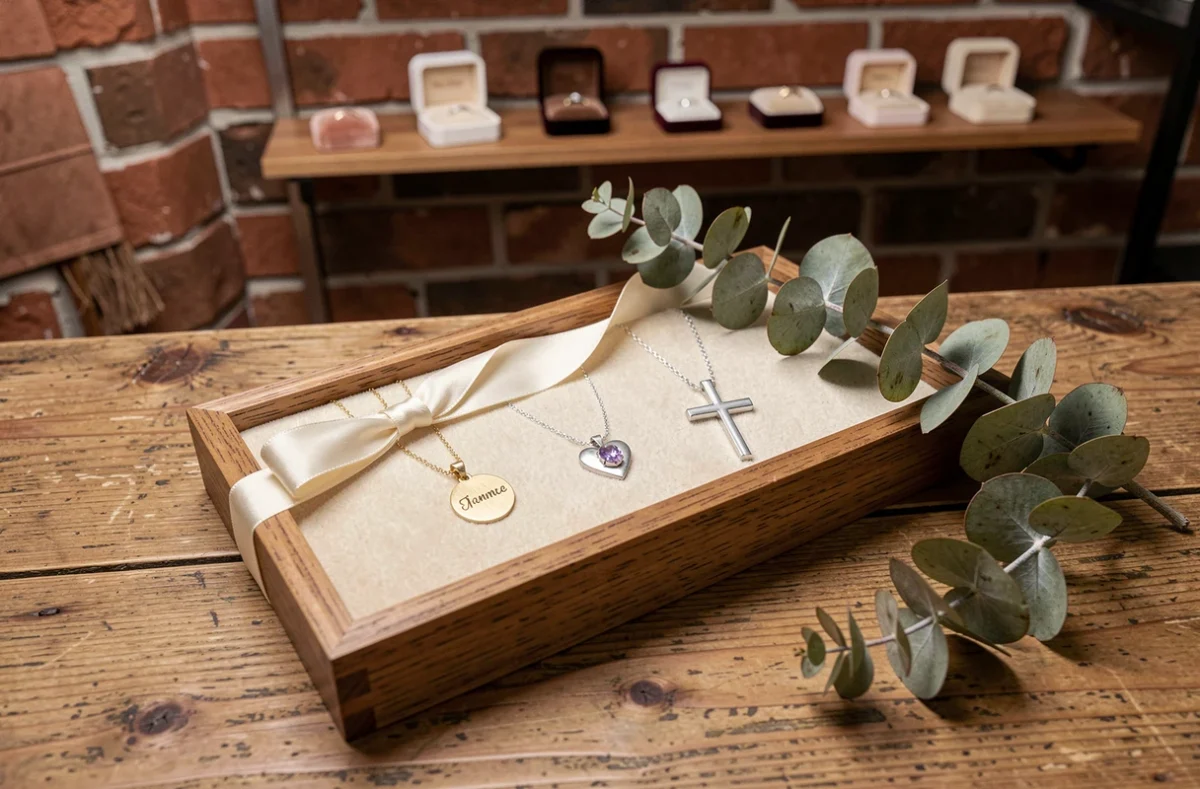 Sélection de pendentifs pour maman posés sur un plateau en bois, idéaux pour célébrer une naissance ou un baptême