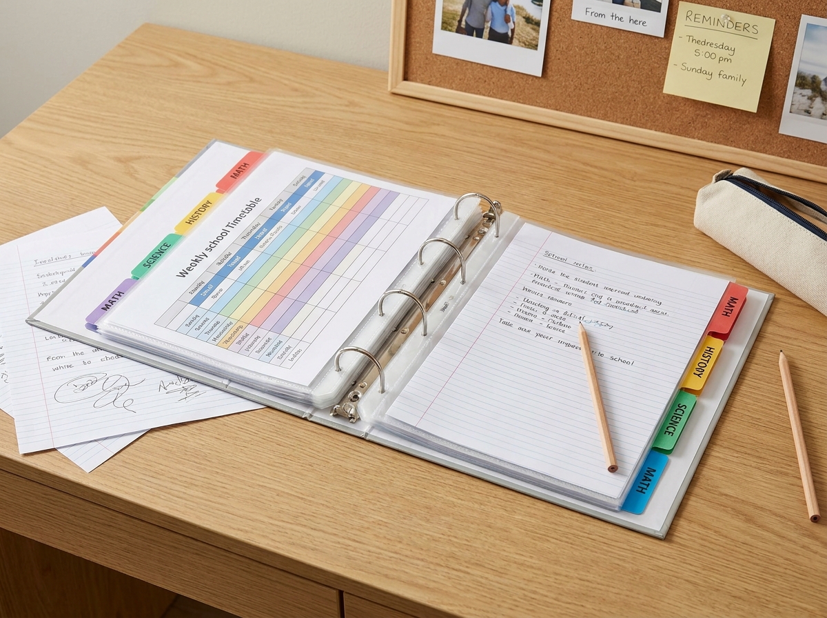 Classeur scolaire ouvert et bien organisé avec intercalaires et pochettes transparentes sur un bureau d'élève