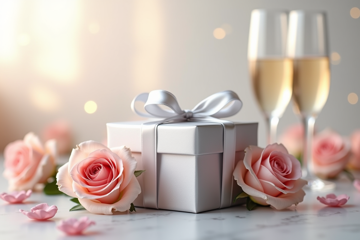 Coffret cadeau en argent avec ruban satin entouré de roses et verres de champagne