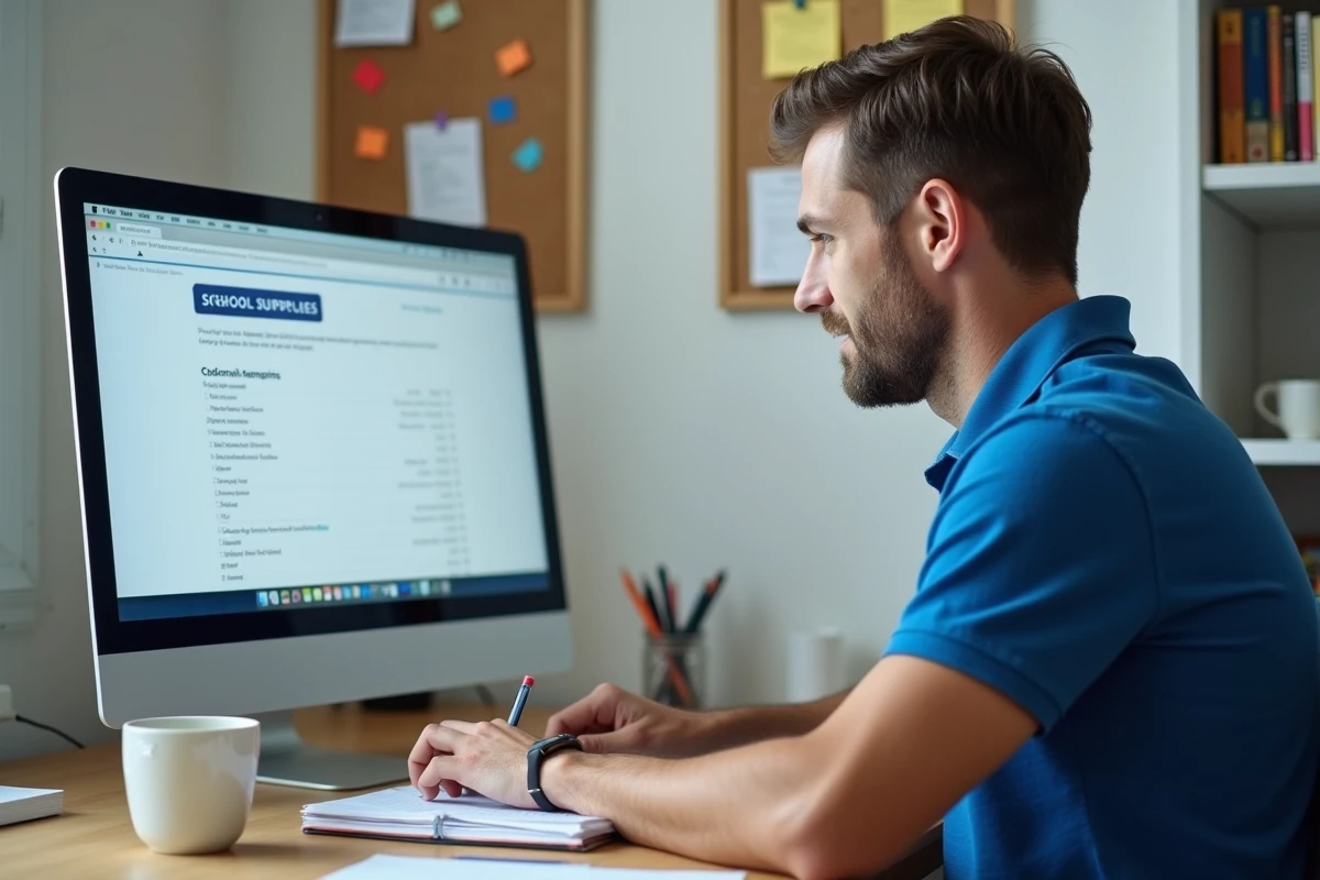 Homme comparant une liste de fournitures scolaires en ligne sur un ordinateur de bureau à domicile