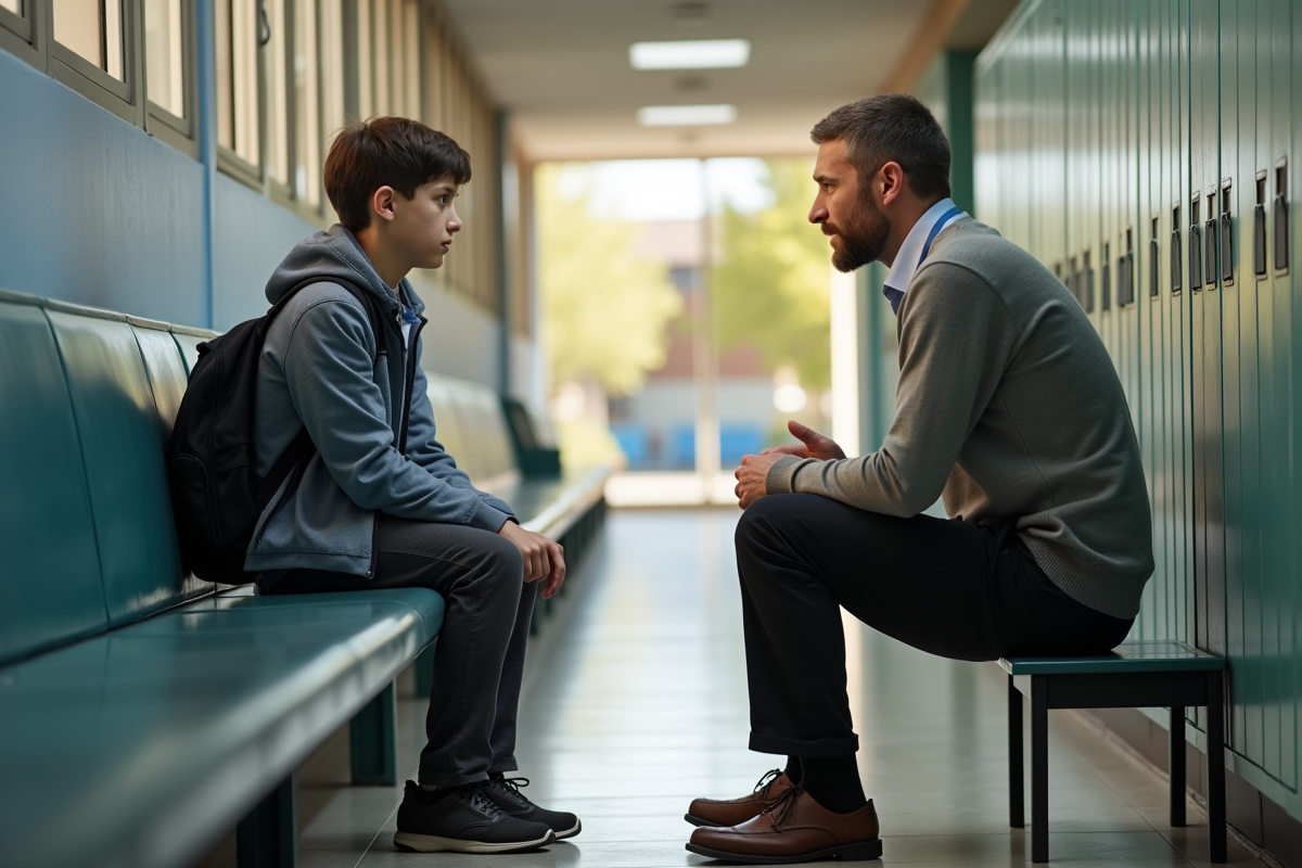 Conseiller scolaire soutient un jeune dans le couloir de l