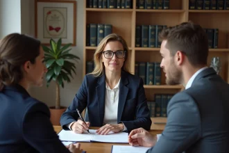 Consultante en adoption internationale rencontrant un couple dans un bureau professionnel européen pour examiner des documents officiels