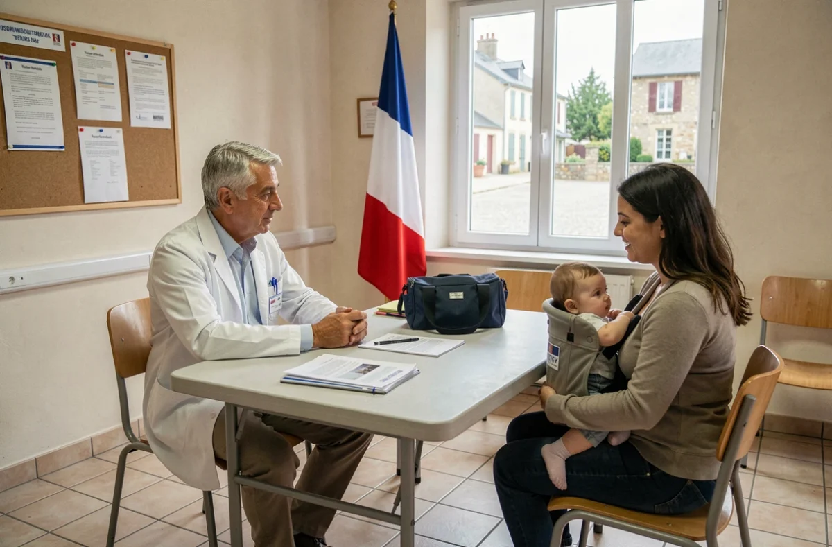 Consultation pédiatrique organisée par la mairie de Thoiry avec un pédiatre recevant une famille dans une salle municipale