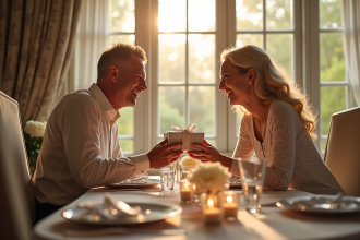 Couple mature échangeant des cadeaux en argent lors d'un dîner élégant