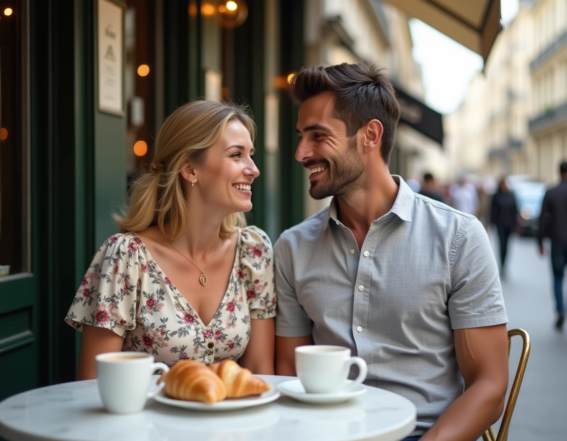 Couple souriant attablé dans un café parisien en terrasse, ambiance authentique et chaleureuse