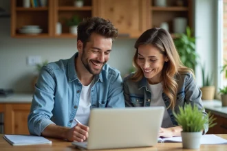 Couple assis à la cuisine remplissant des formulaires