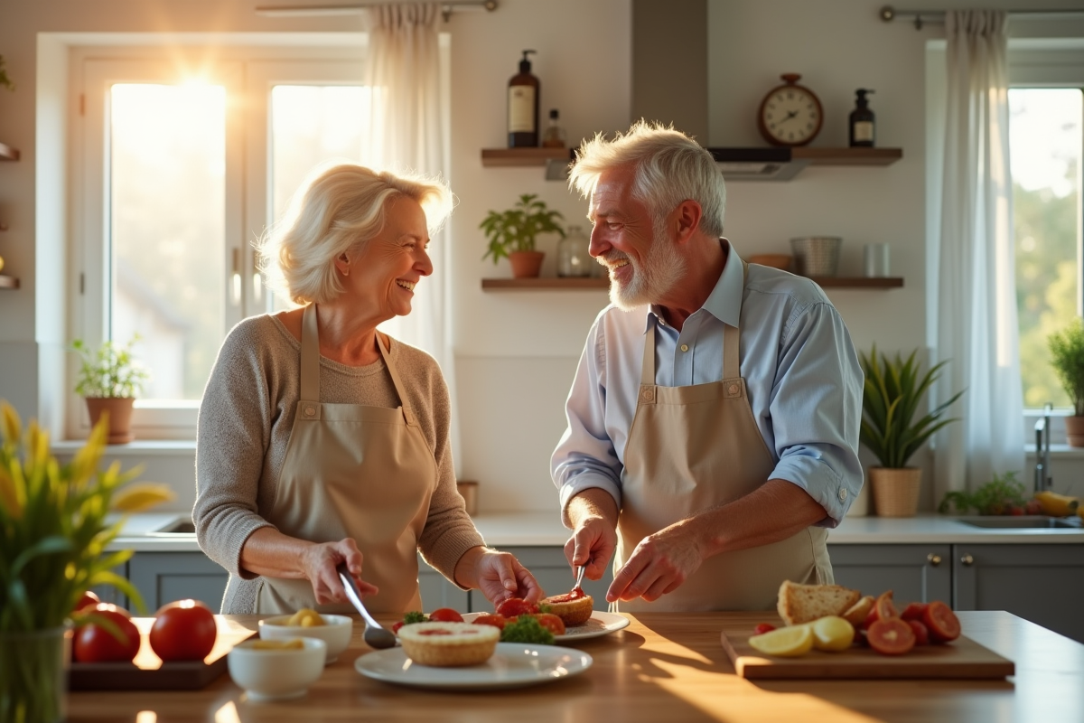 Vieux couple préparant un repas dans une cuisine lumineuse