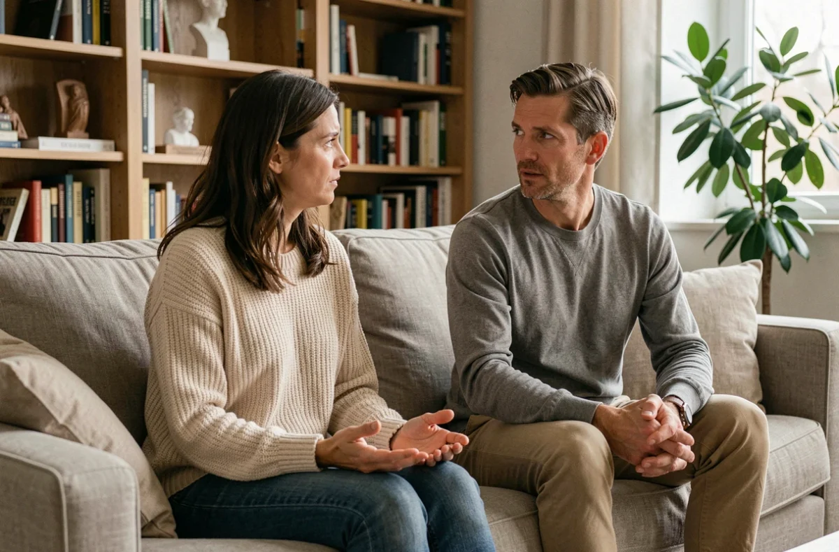 Couple discutant calmement sur un canapé d'un rêve difficile pour préserver la communication