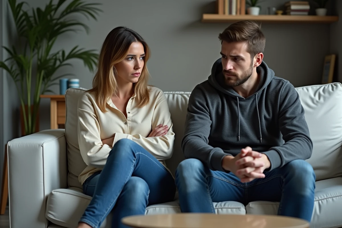 Couple assis aux extrémités opposées d'un canapé, sans contact visuel, illustrant la distance émotionnelle après une infidélité