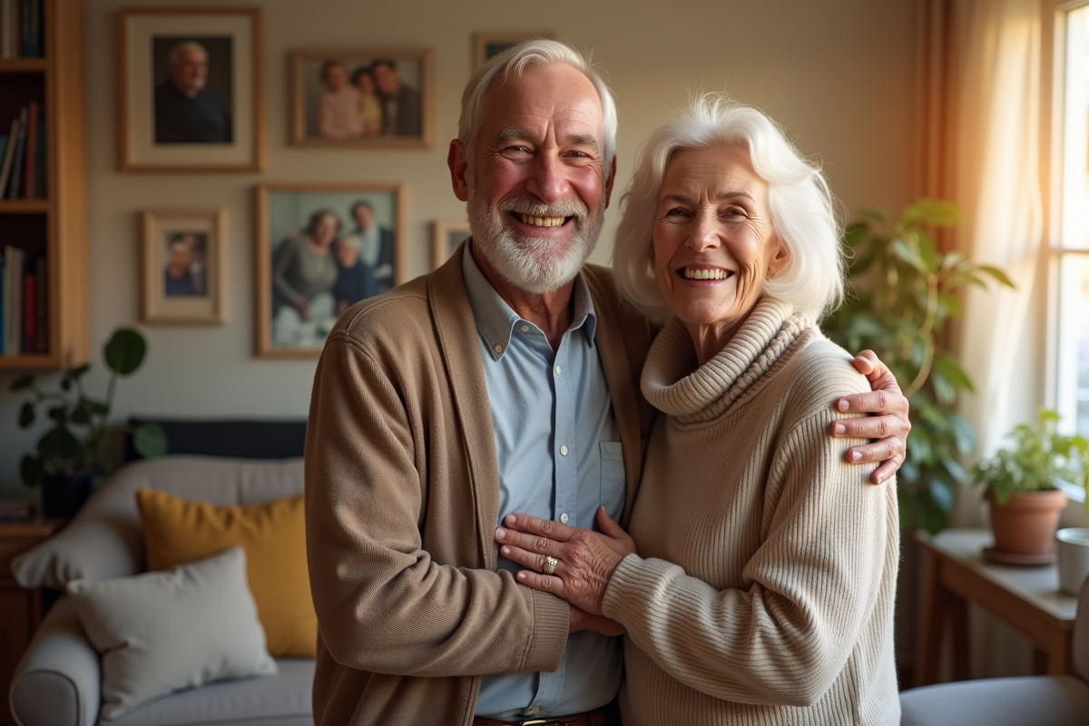 Couple de seniors dans leur salon entourés de photos