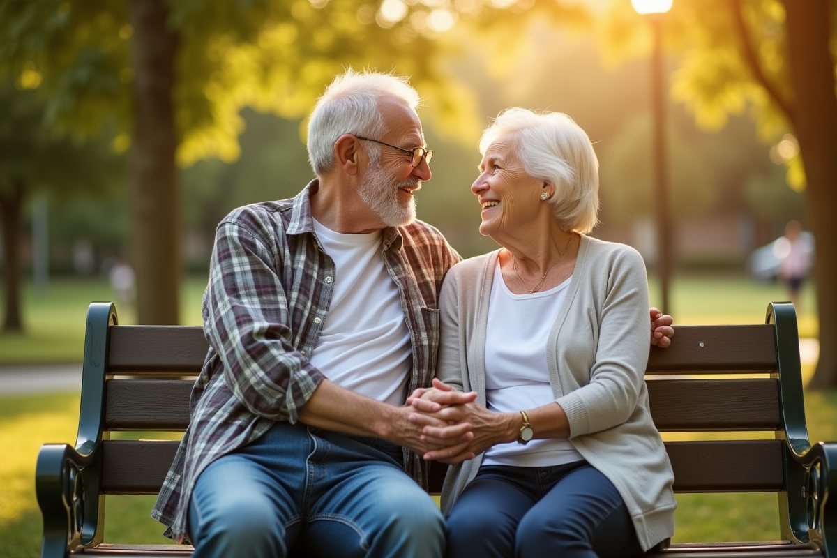 Couple de seniors souriant sur un banc en plein air
