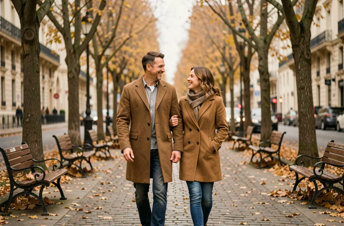Couple se promenant sur un boulevard parisien en automne, symbolisant le respect de l'intimité des célébrités et de leur vie de couple