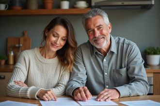 Couple dans la cuisine en train de revoir des documents