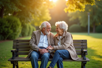 Couple senior assis sur un banc dans un parc ensoleille