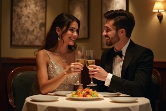 Couple en soirée élégante partageant un dîner romantique