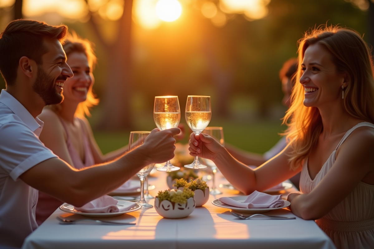 Couple heureux trinquant lors d'un dîner en plein air