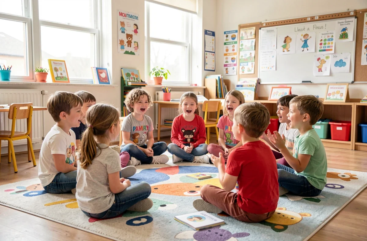 De jeunes enfants chantent une comptine assis en cercle