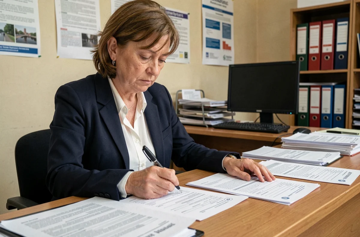 Femme en costume remplissant une déclaration de décès suite à un accident du travail dans un bureau administratif