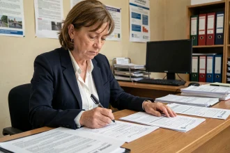 Femme en costume remplissant une déclaration de décès suite à un accident du travail dans un bureau administratif