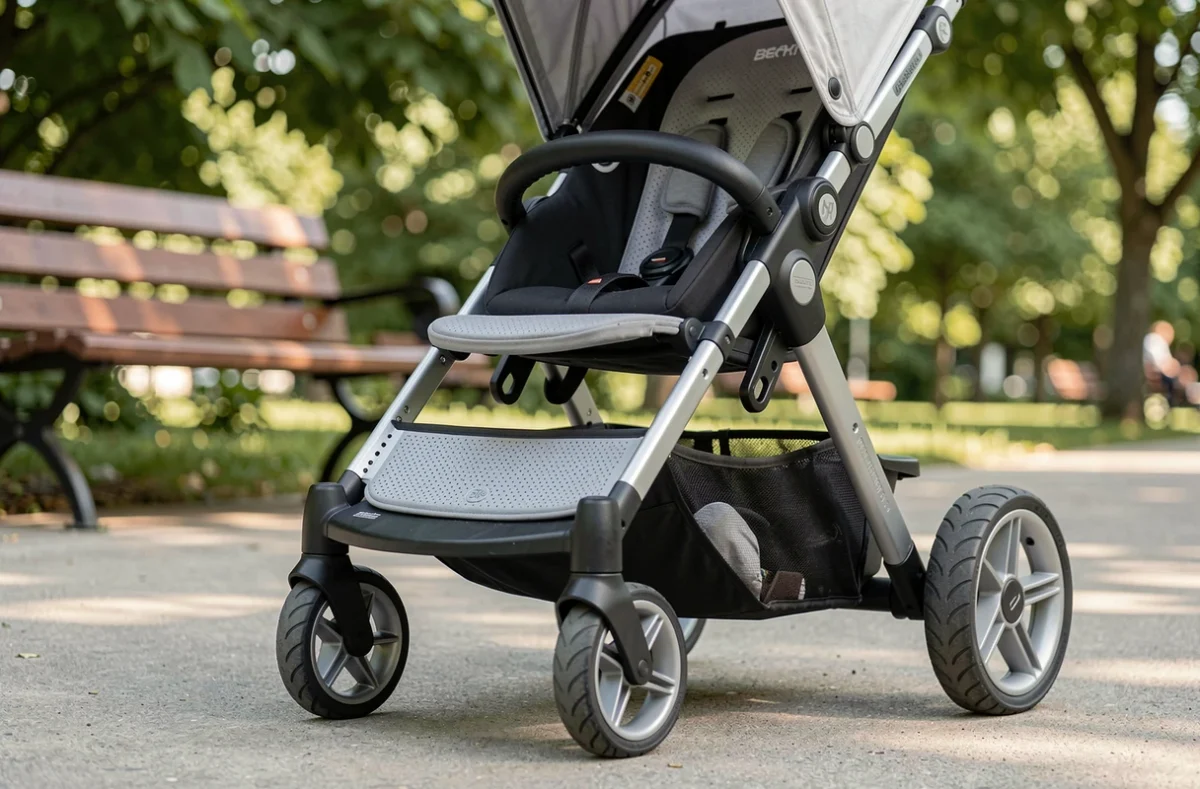 Gros plan des composants modulaires d'une poussette trois en un exposée dans un parc urbain, montrant le nacelle et le siège auto