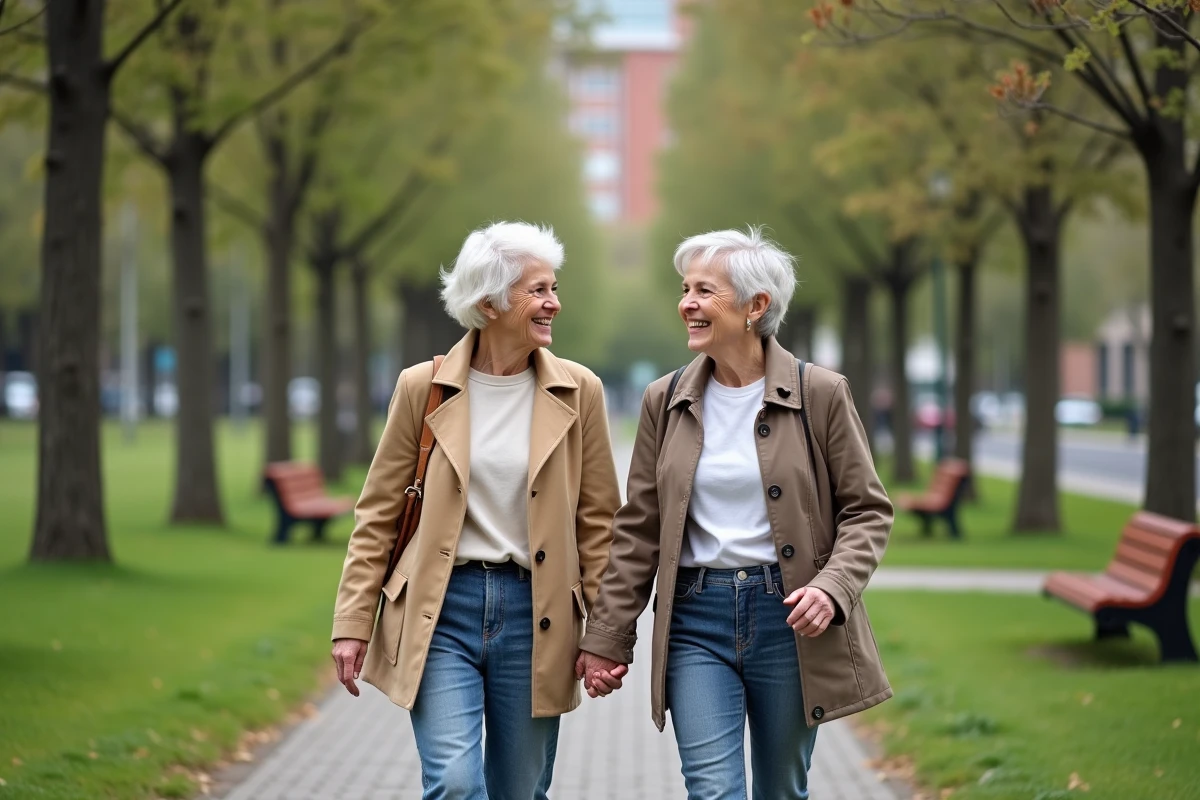 Deux femmes marchant dans un parc en discutant