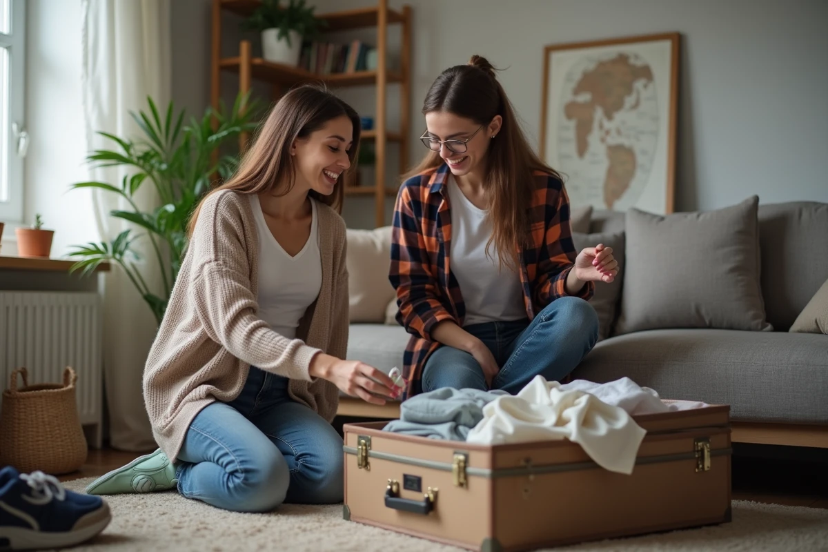 Deux jeunes femmes déballent une valise dans un salon accueillant
