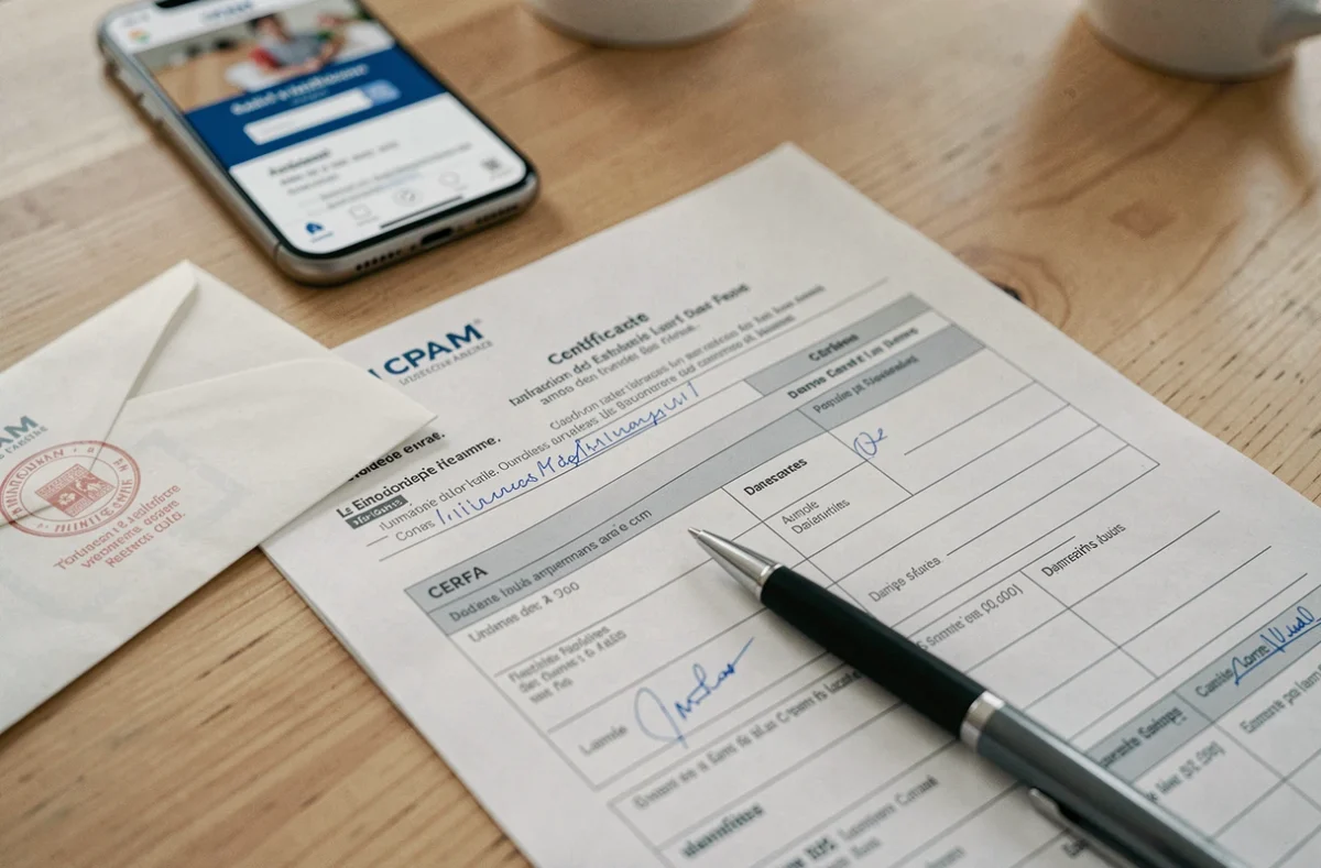 Gros plan sur des documents administratifs pour déclarer un décès à la CPAM suite à un accident du travail, dont un formulaire CERFA et un certificat de décès