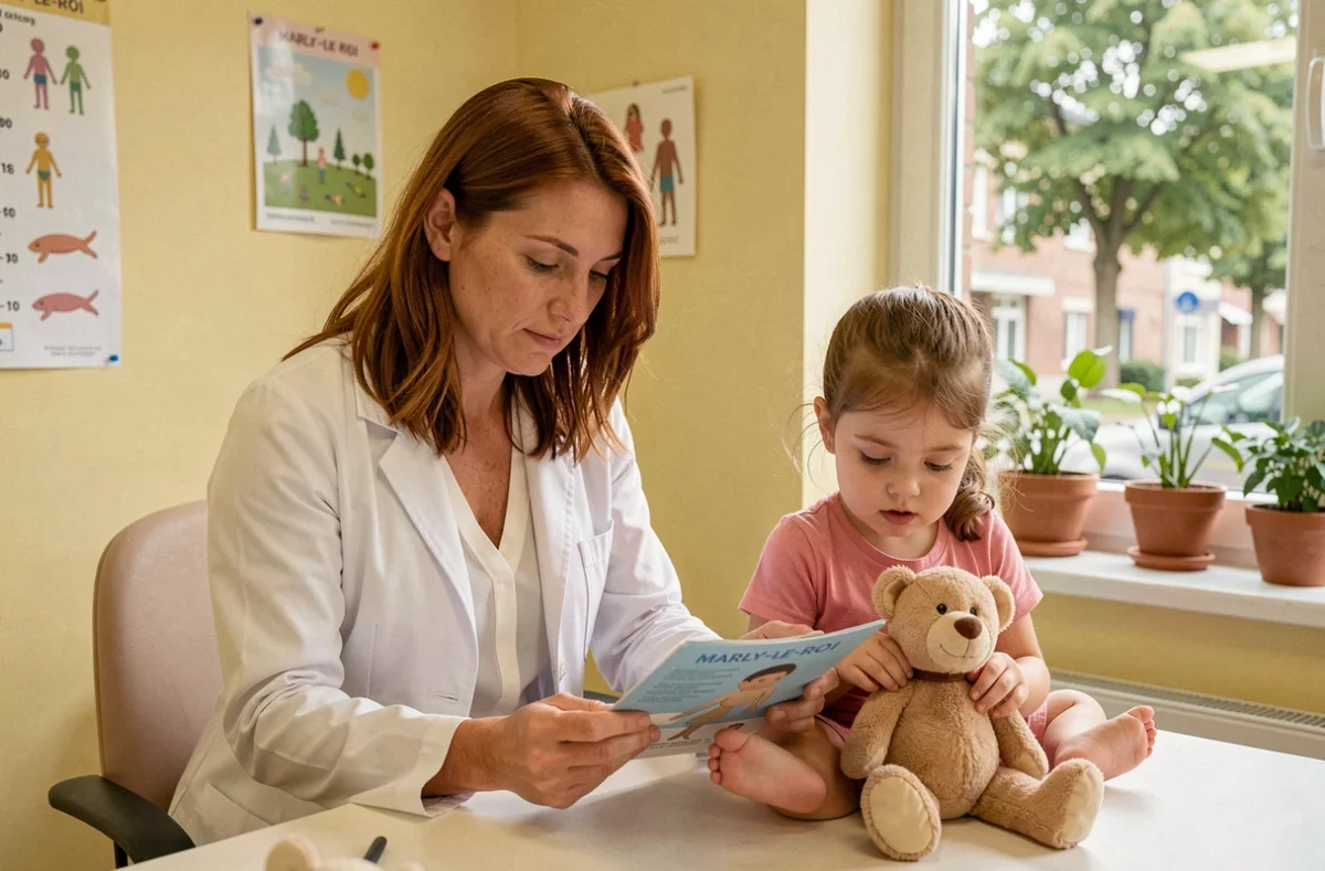 Dr Agathe Labit, pédiatre à Marly-le-Roi, consulte le carnet de santé d'une petite fille assise sur la table d'examen