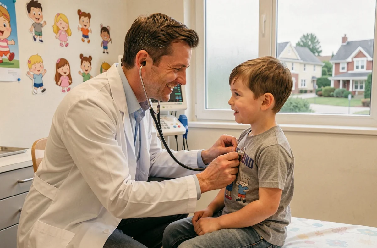 Dr Victor Charara, pédiatre au Chesnay-Rocquencourt, ausculte un jeune garçon avec un stéthoscope dans son cabinet pédiatrique