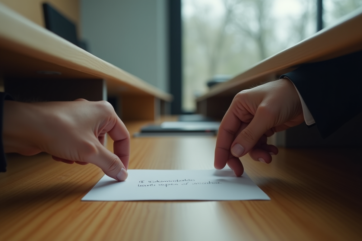 Main passant une note écrite sous un bureau moderne