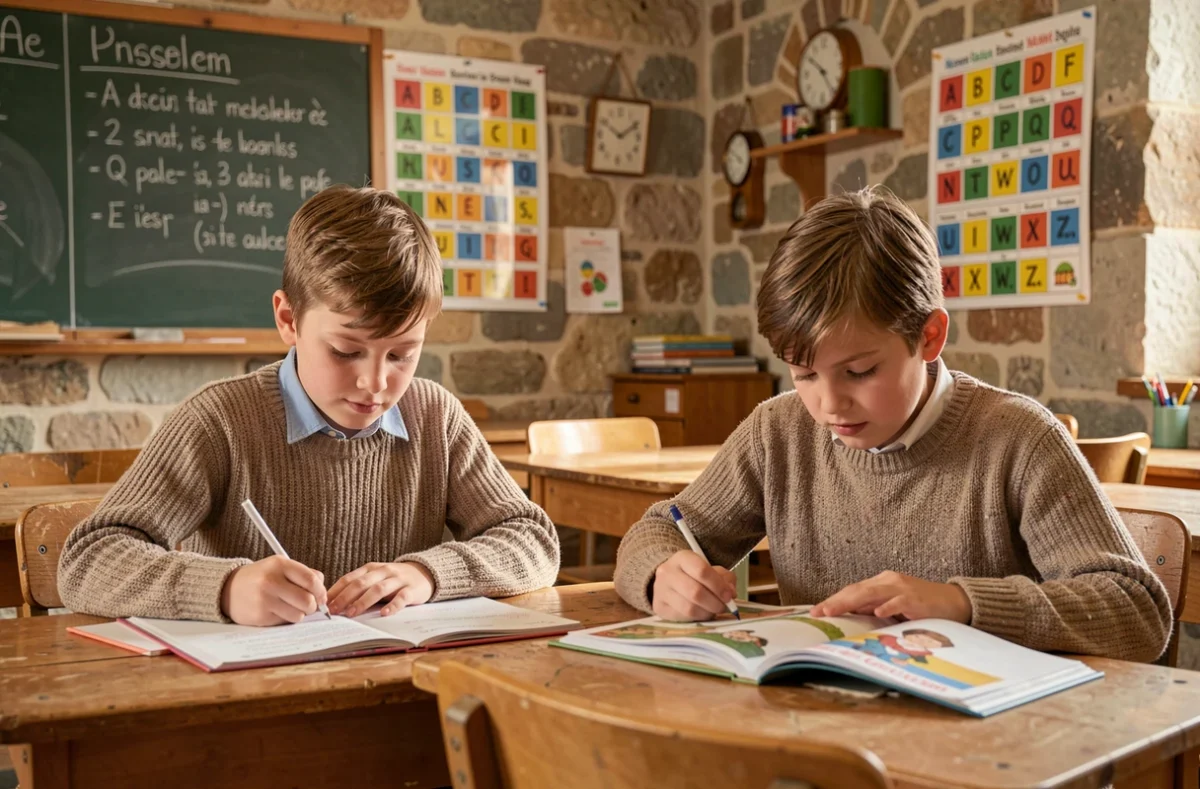 Deux jeunes élèves de l'école bilingue ABCM Jean Petit à Ingersheim travaillent côte à côte avec des livres en français et en allemand