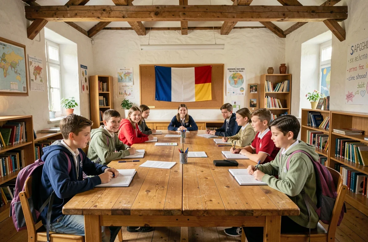 Des élèves multilingues travaillent ensemble dans une salle de classe alsacienne bilingue, entourés de livres et de drapeaux français et allemands
