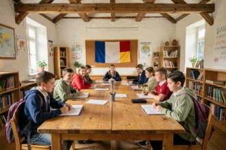 Des élèves multilingues travaillent ensemble dans une salle de classe alsacienne bilingue, entourés de livres et de drapeaux français et allemands