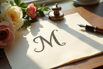 Nom manuscrit élégant sur papier premium avec plume et bouquet