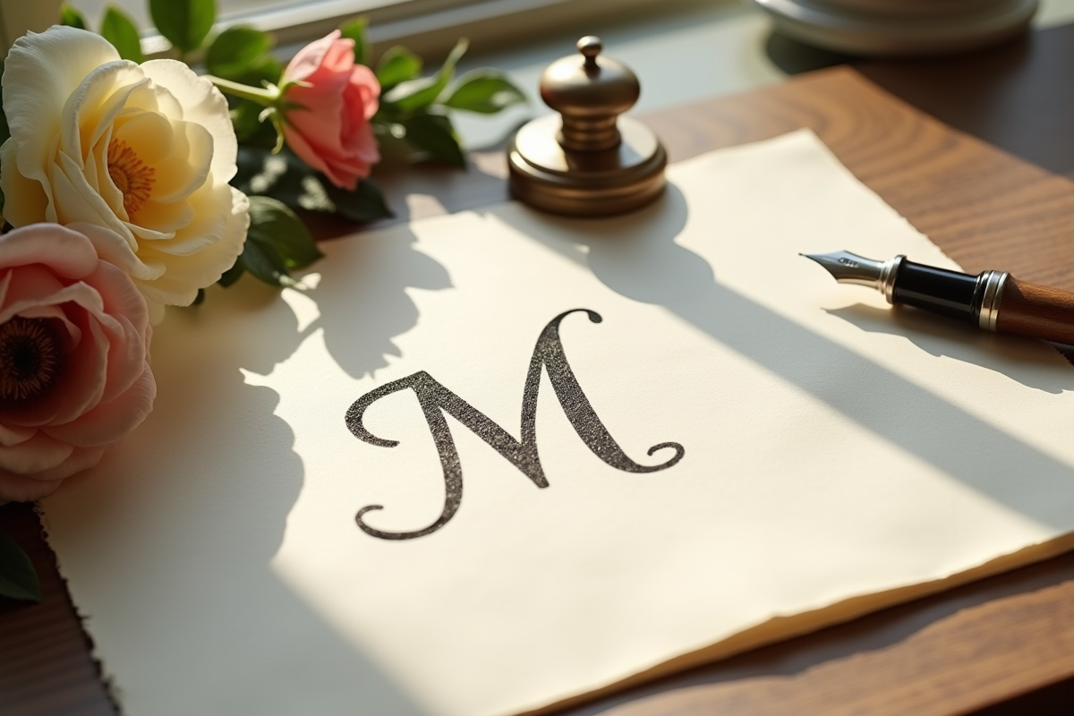 Nom manuscrit élégant sur papier premium avec plume et bouquet