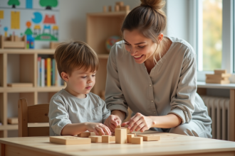 Jeune educatrice Montessori observant un enfant avec blocs en classe
