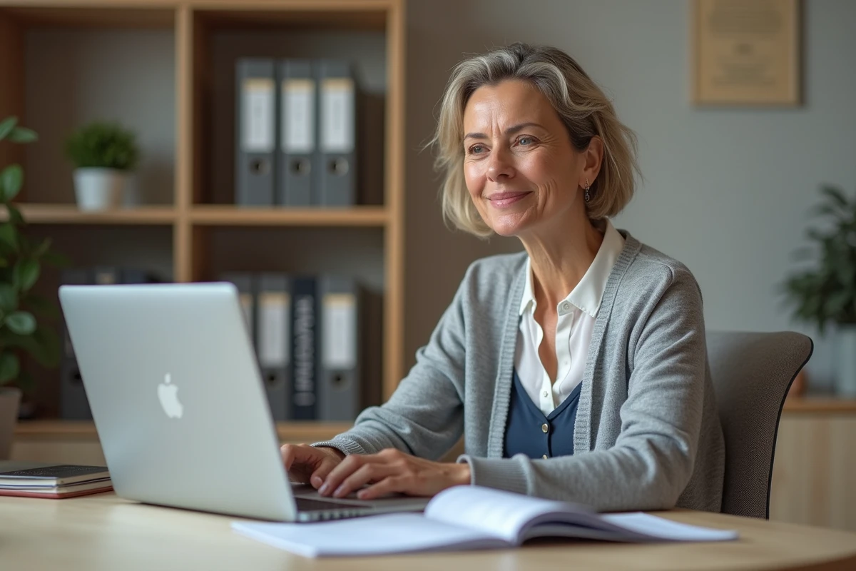 Employeuse de maison calculant le salaire annuel de sa nounou sur un ordinateur portable dans un bureau à domicile