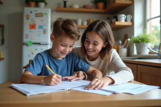 Garçon de 10 ans avec sa mère dans la cuisine chaleureuse