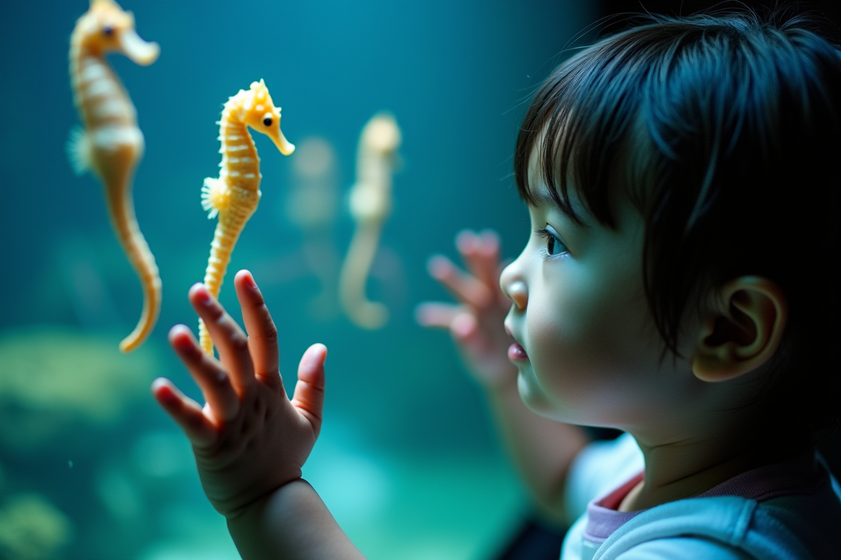 Enfant regardant de près des hippocampes dans l’aquarium