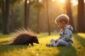 Jeune enfant curieux observant un porc-épic dans la nature