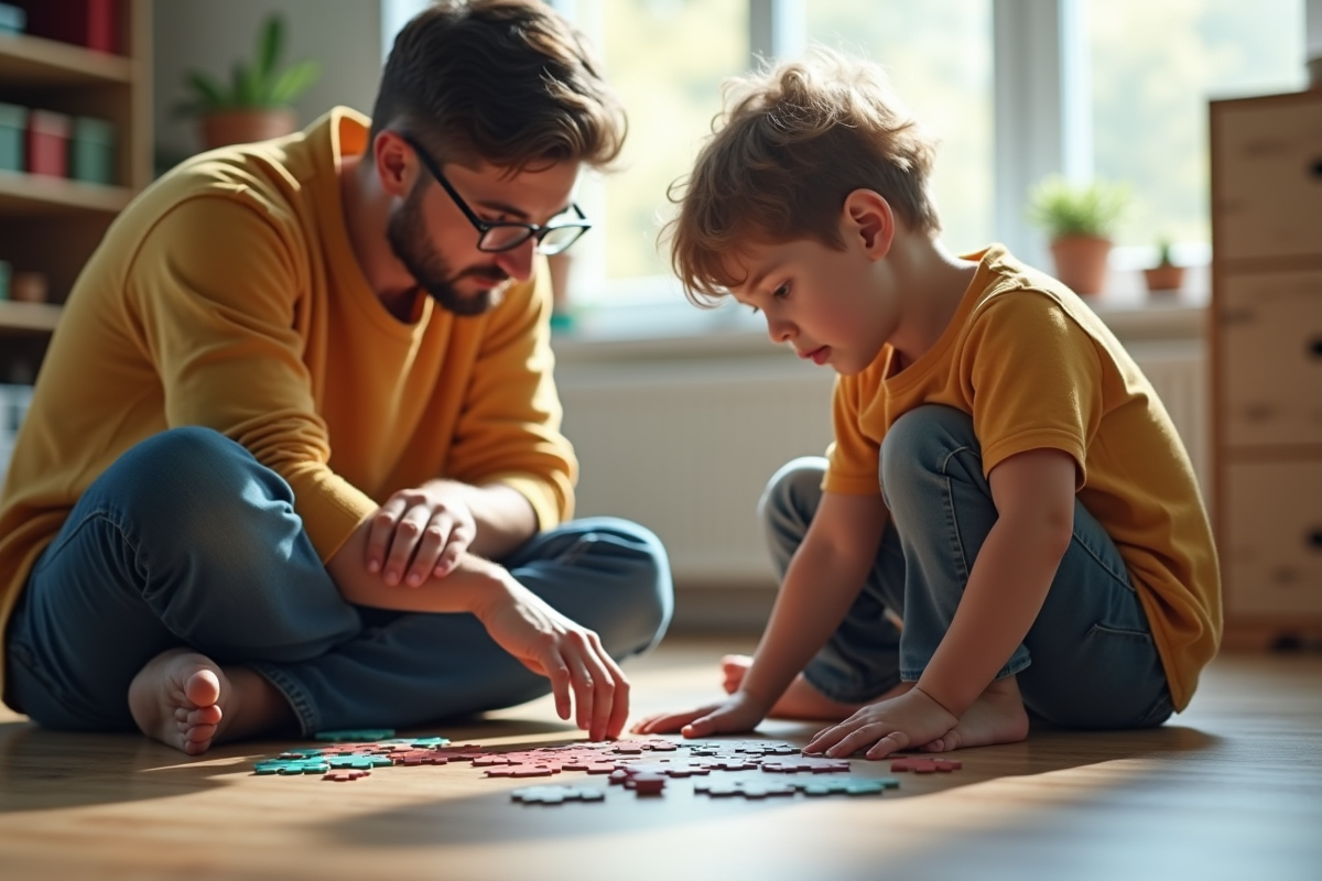 Enfant et adulte jouant avec un casse-tête au sol