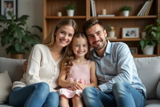 Fille souriante de huit ans avec ses parrains dans un salon chaleureux