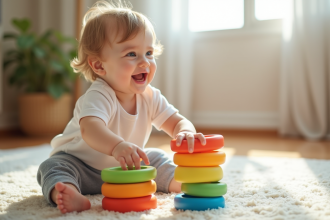 Enfant souriant jouant avec anneaux de construction