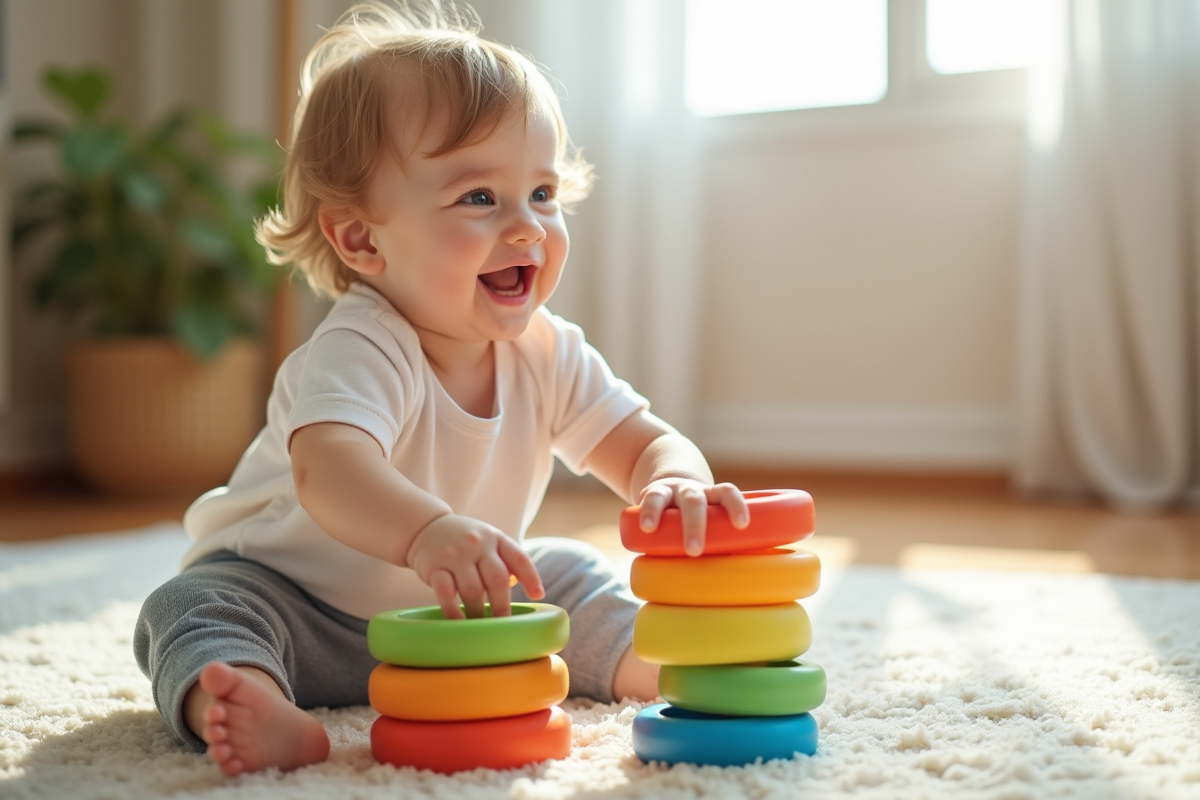Enfant souriant jouant avec anneaux de construction