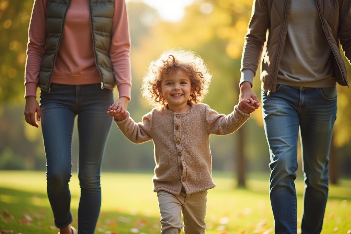 Enfant souriant avec parents dans un parc ensoleille