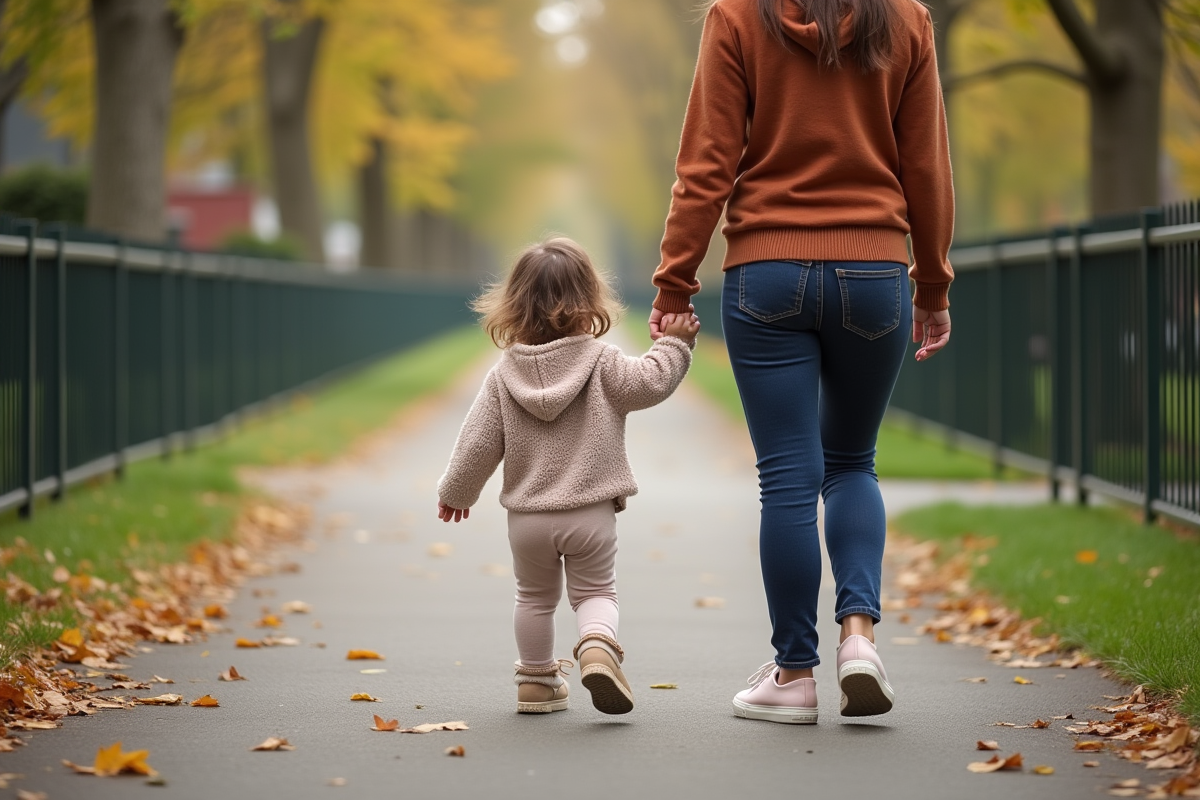 Jeune fille de 18 mois tenant la main de sa mère dans un parc urbain