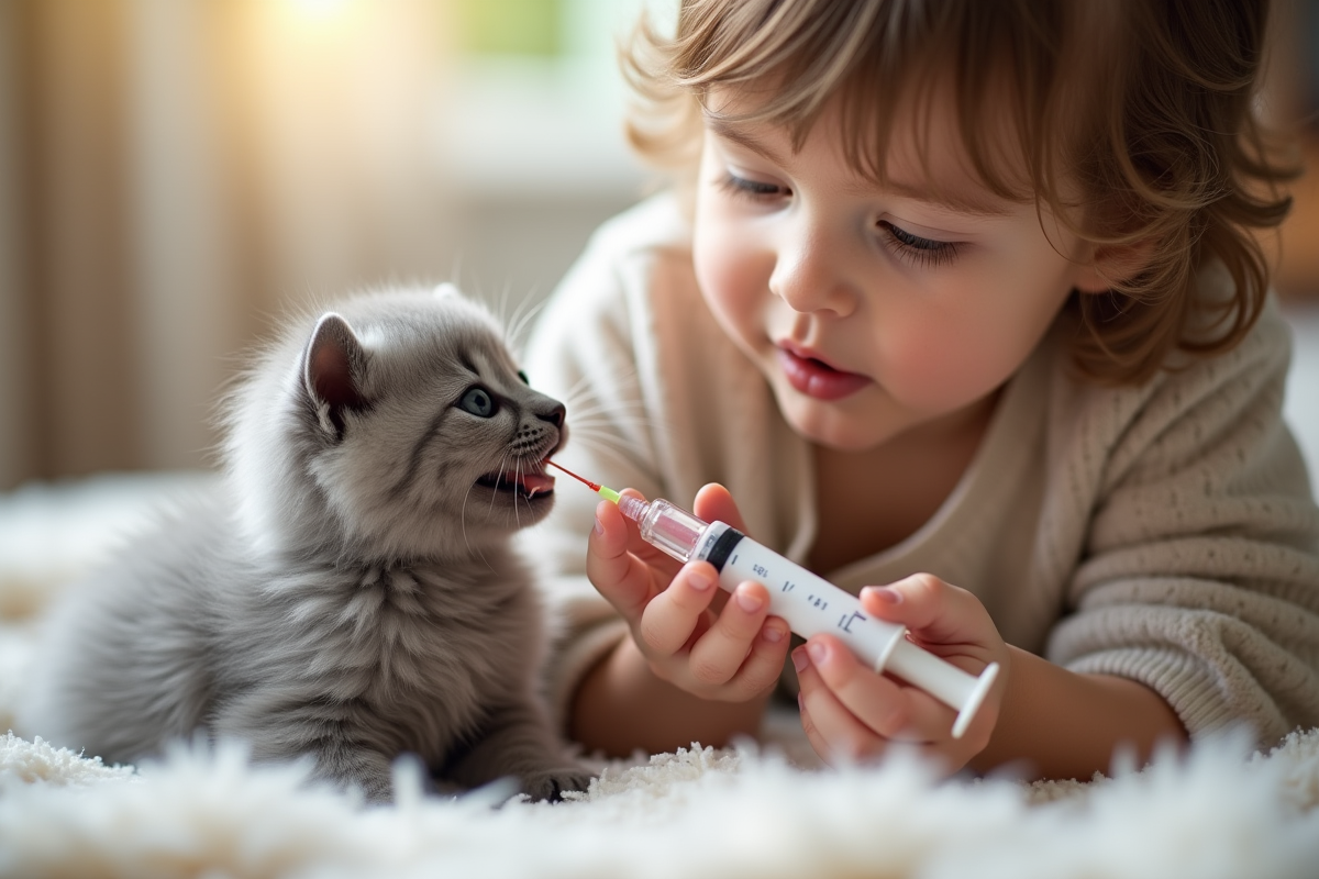 Enfant nourrissant un chaton gris avec une seringue dans un plaid