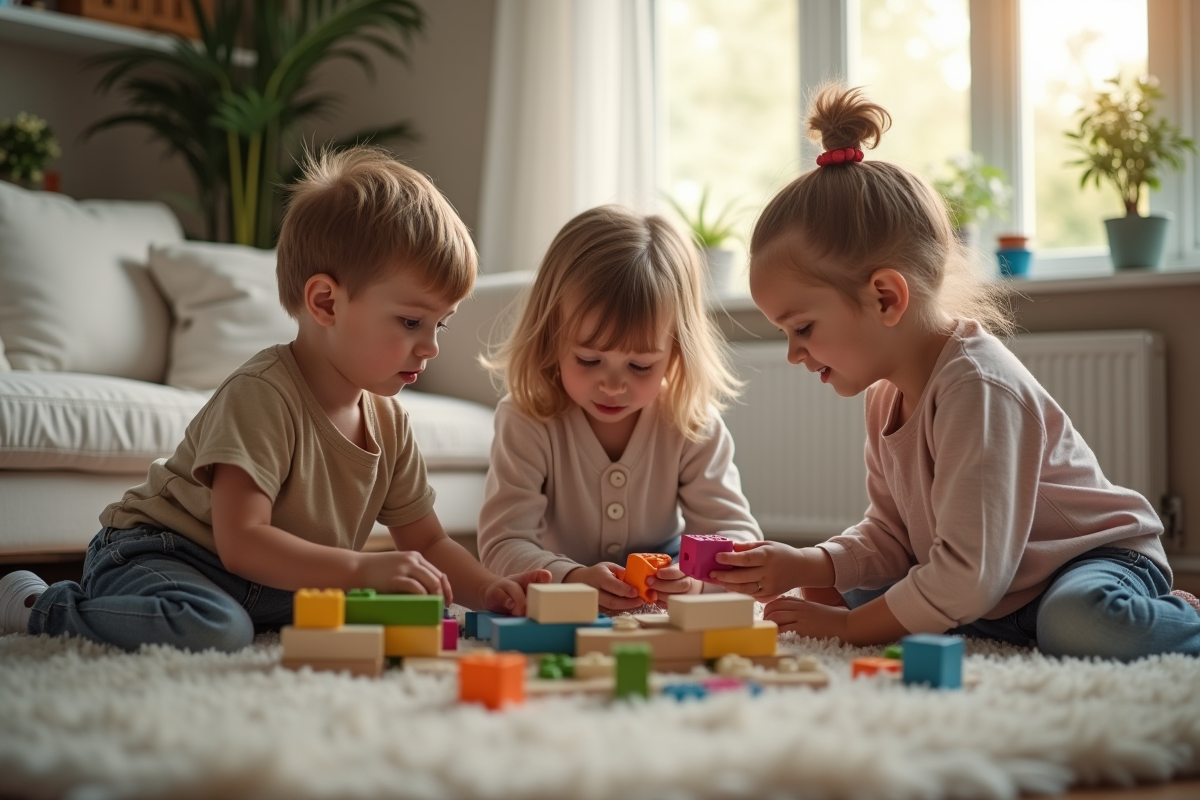 Trois enfants jouant dans un salon cosy avec des blocs